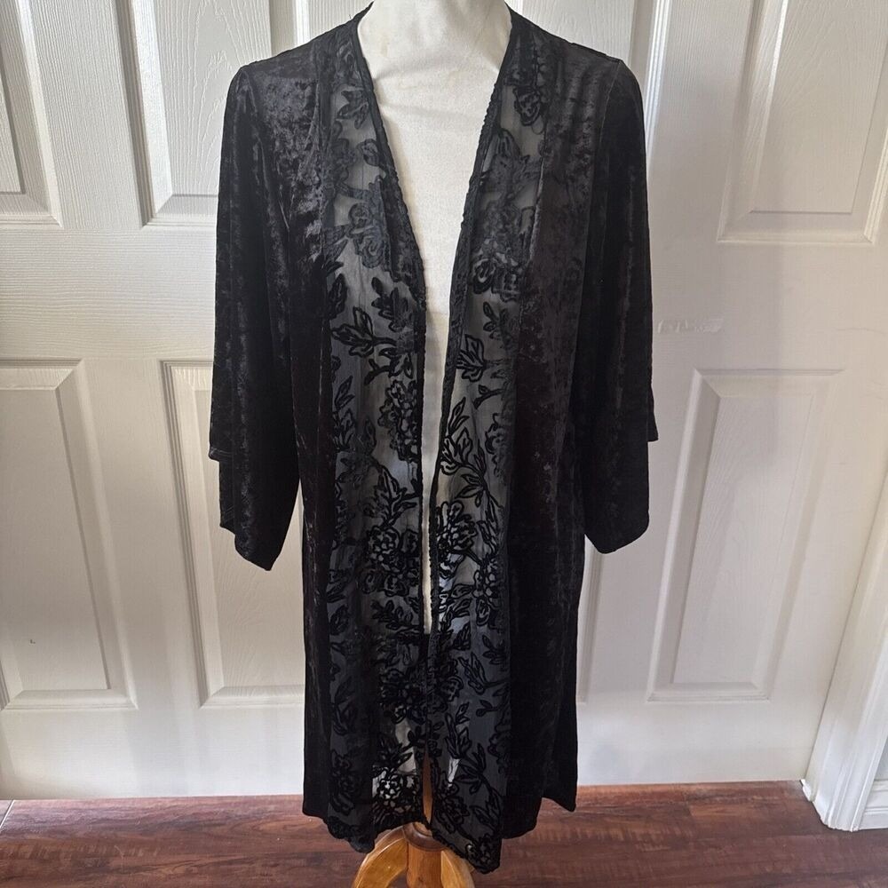 Knox Rose XL XXL Black Velvet Burnout Floral Kimono Duster Cardigan Bell Sleeve